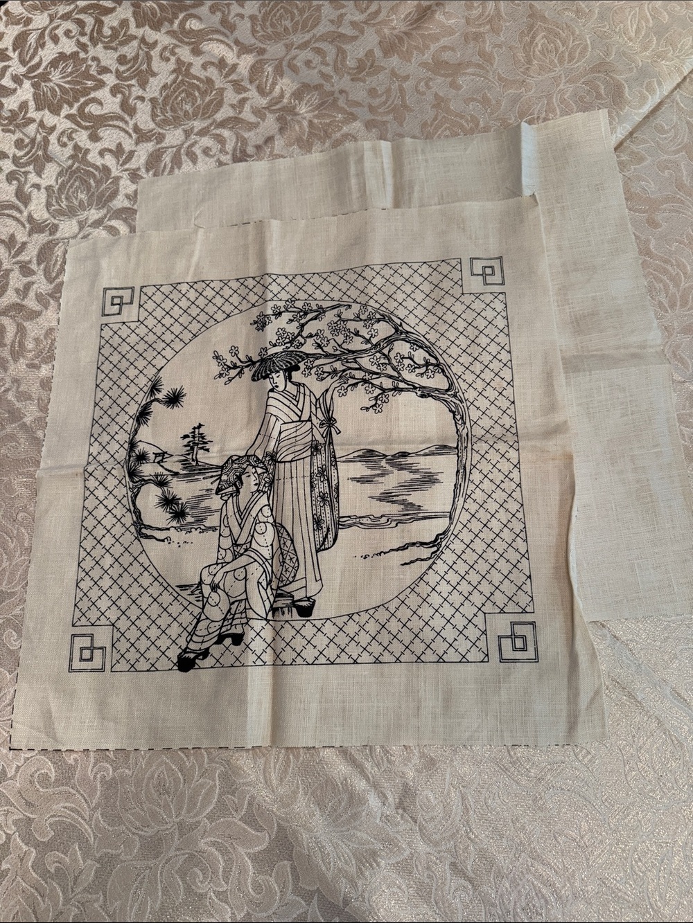 Unbranded Cream Linen Pillow Front & Back Panels w/ Black Oriental Geisha Print